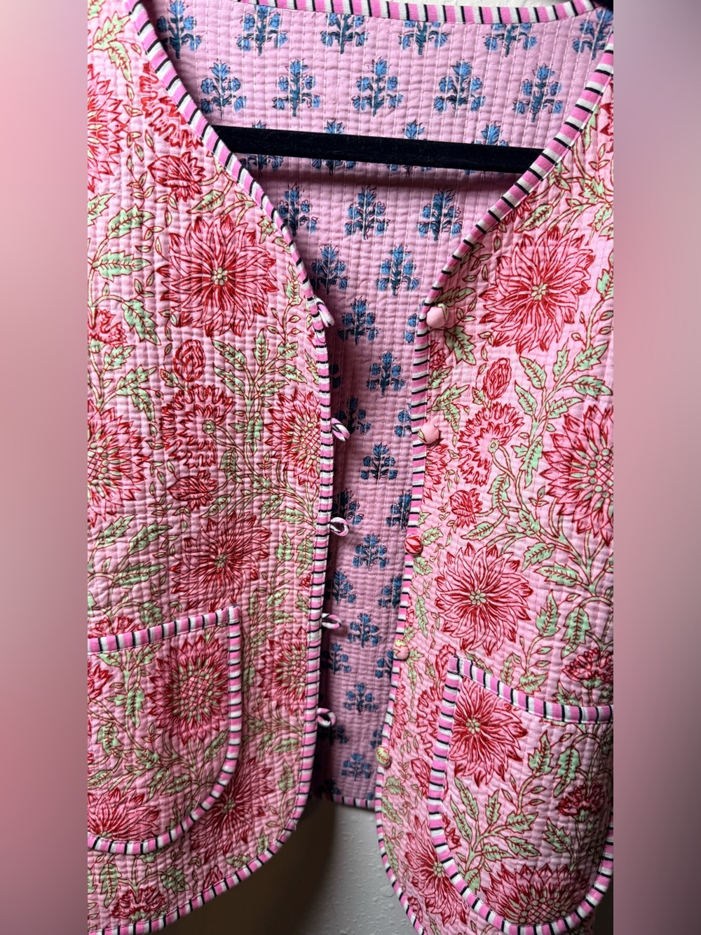 Reversible Quilted Floral Jacket Pink Block Print Cotton Cottagecore croquette - Picture 6 of 14